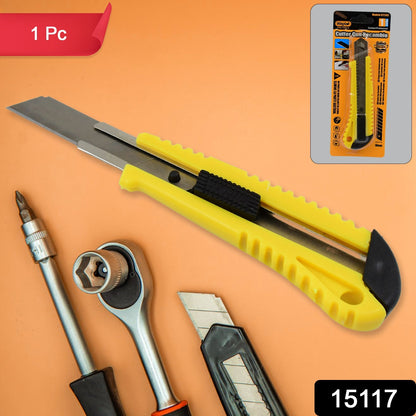 Wukusy heavy duty working cutter knife with black handle and silver blade, suitable for hardware and cutting tasks.