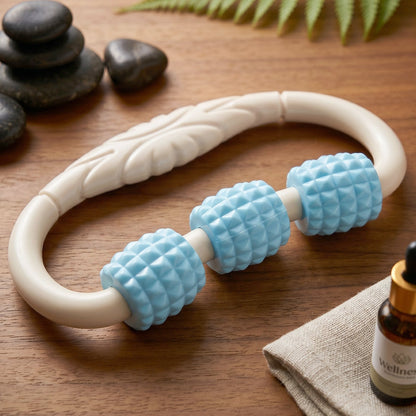 Wukusy handheld 3 roller body massager ring for muscle relaxation, shown in use on arms and legs.
