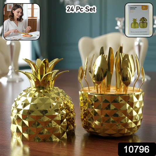 Wukusy 24-piece stainless steel golden cutlery set with pineapple storage stand, including forks, knives, spoons, and serving pieces.