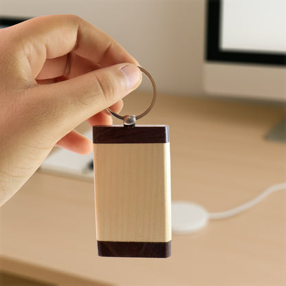 Premium wooden keychain with dual-tone finish from Wukusy, showcasing its polished, natural wood grain and sleek design.