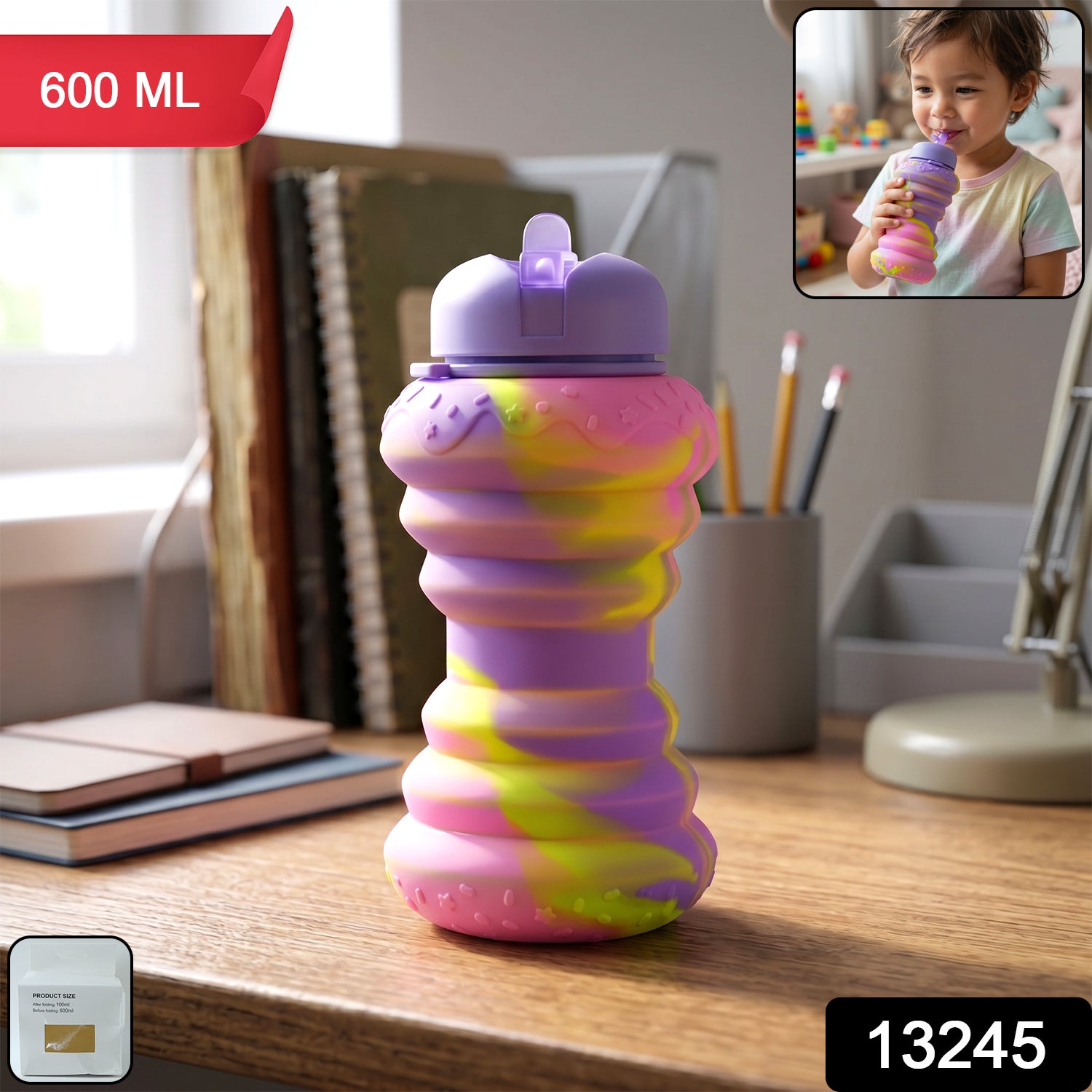 Wukusy silicone collapsible sports water bottle, 600ml capacity, foldable design, shown in compact and expanded states.