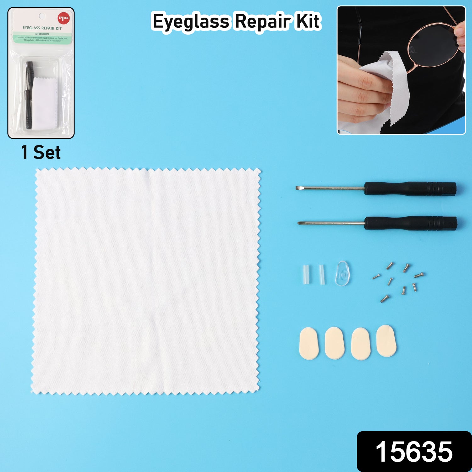 Wukusy travel eyeglass repair kit with small screwdrivers, screws, and tools for on-the-go eyeglass repair.