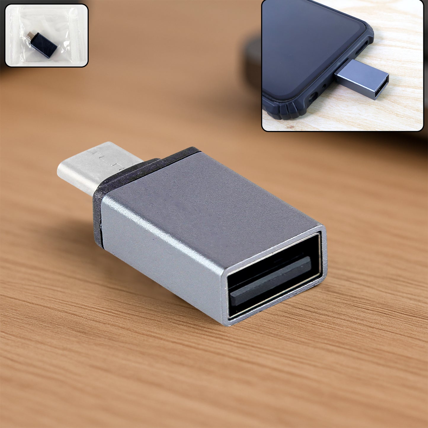 Wukusy Type-C OTG adapter pen drive connected to a smartphone, showcasing portable storage and data transfer capability.