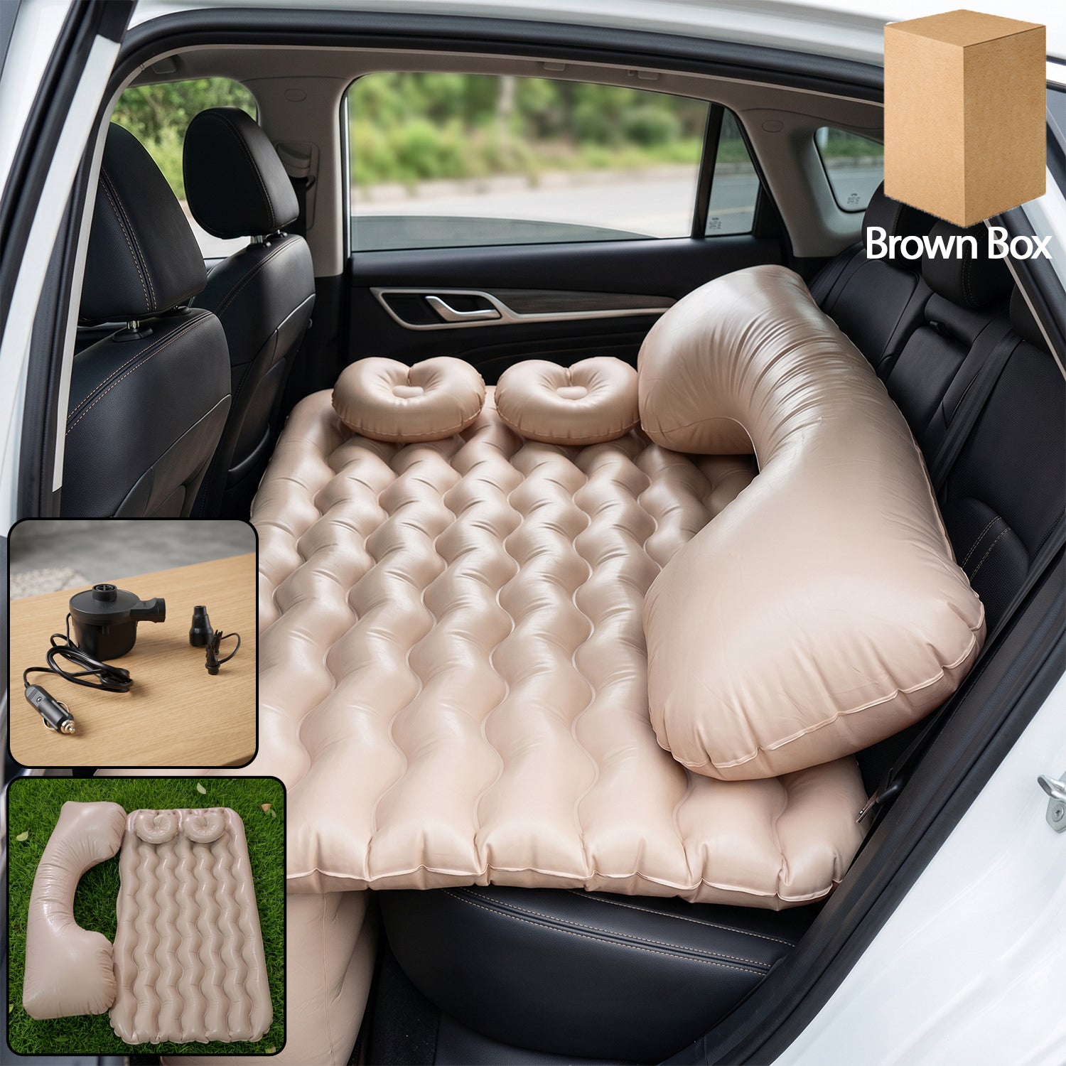 Wukusy car air mattress bed set with inflatable pillows and air pump, designed for comfortable travel sleeping in vehicles.