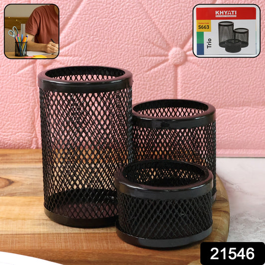 Wukusy Khyati Trio metal mesh pen stand and desk organizer set with three round compartments for pens, pencils, and office supplies.