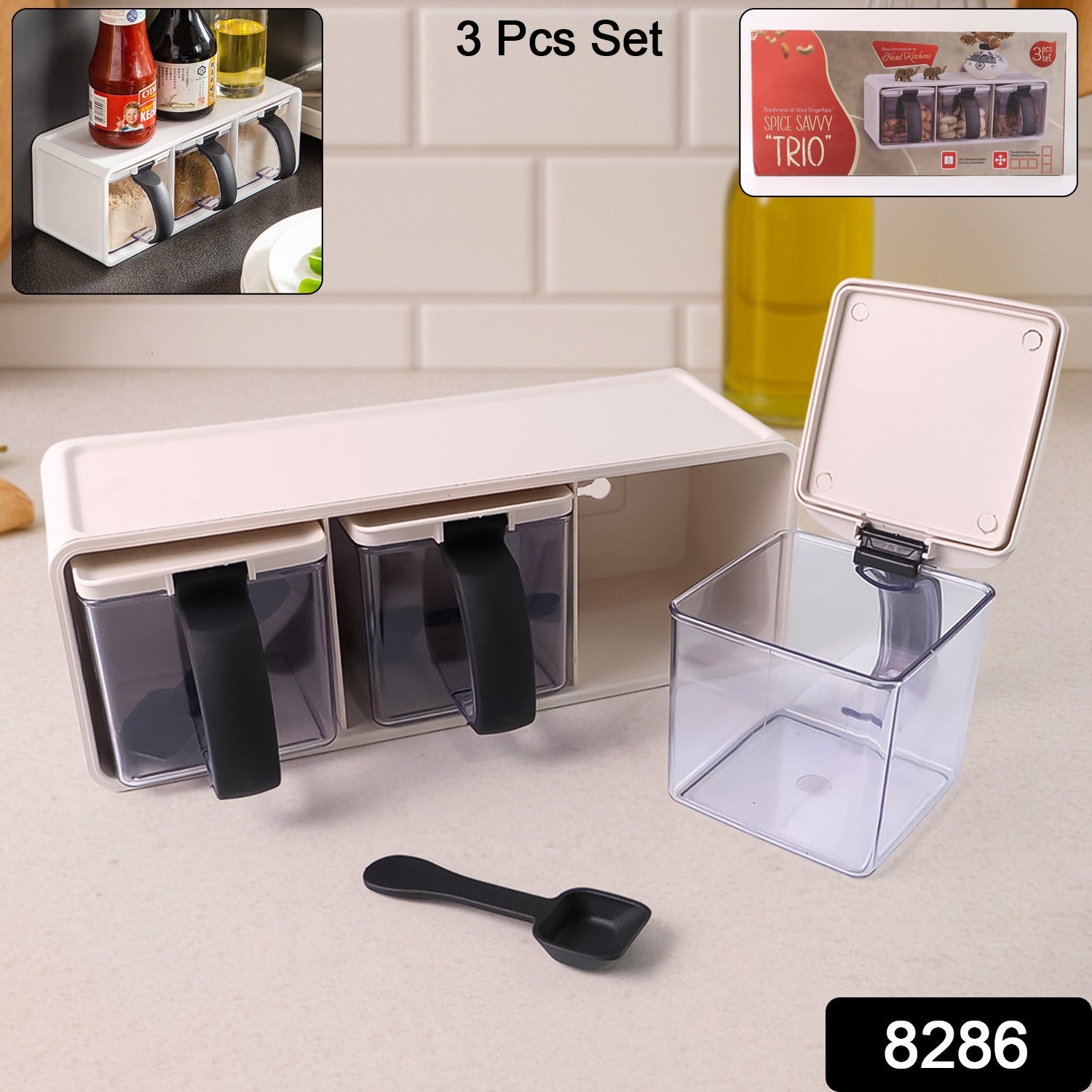 Wukusy Grinss Modular Spice Storage Box Set with three clear, stackable containers for organized spice storage.