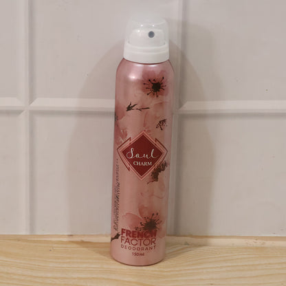 Wukusy French Factor Soul Charm deodorant body spray bottle, 150ml, with sleek packaging and spray nozzle visible.