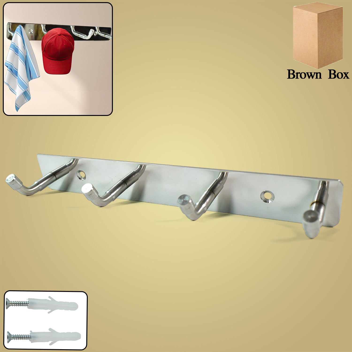 Stainless steel wall-mounted coat rack with four hooks, 20 inches long, in a modern home and kitchen setting by Wukusy.
