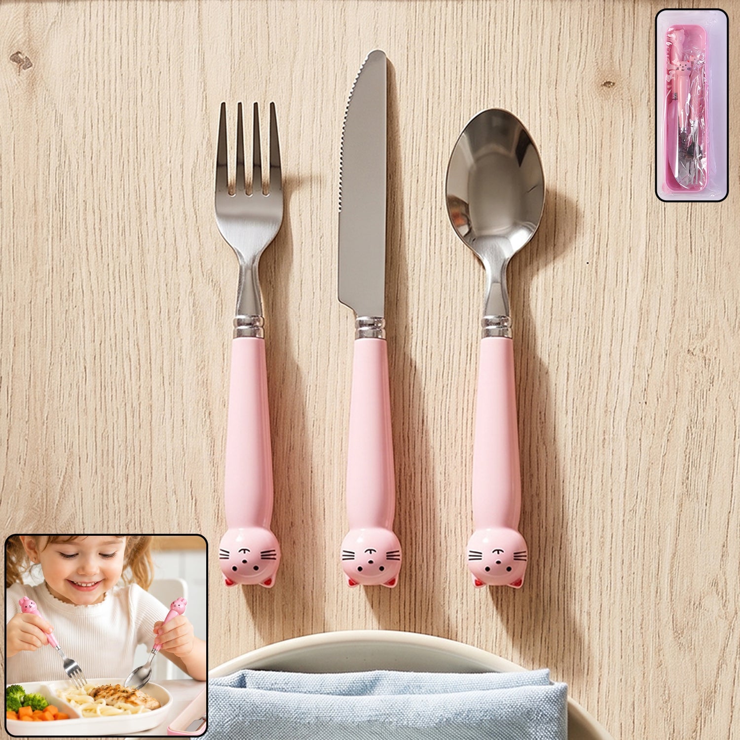Kids stainless steel cutlery set with fork, knife, and spoon in a case, by Wukusy, ideal for children’s meals.