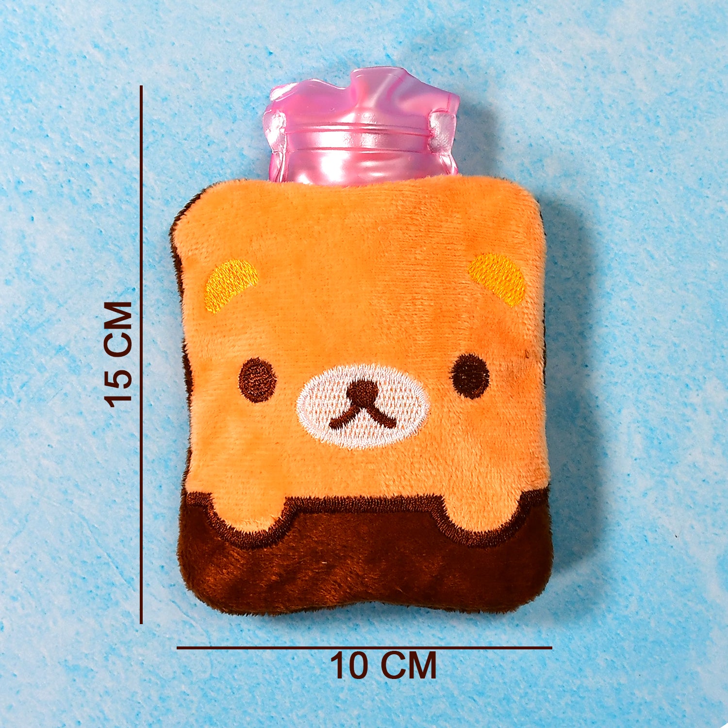 Brown panda print small hot water bag from Wukusy with cover, used for pain relief, neck, shoulder, hand, feet warmth, and menstrual cramps.