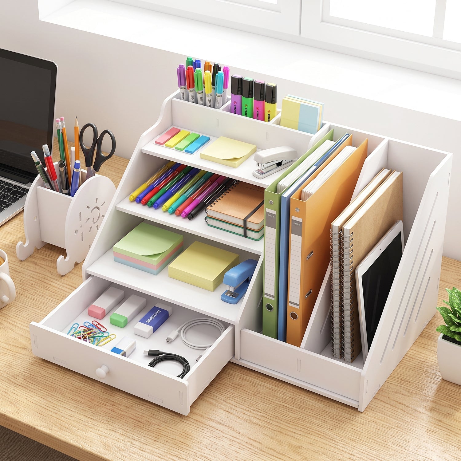 Wukusy multifunctional desk organizer with storage cabinet, drawer, and file rack, holding office supplies on a workspace.