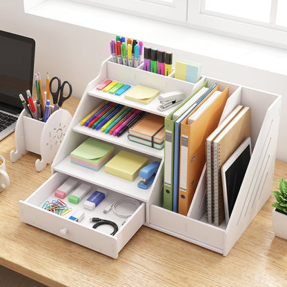Wukusy multifunctional desk organizer with storage cabinet, drawer, and file rack, holding office supplies on a workspace.