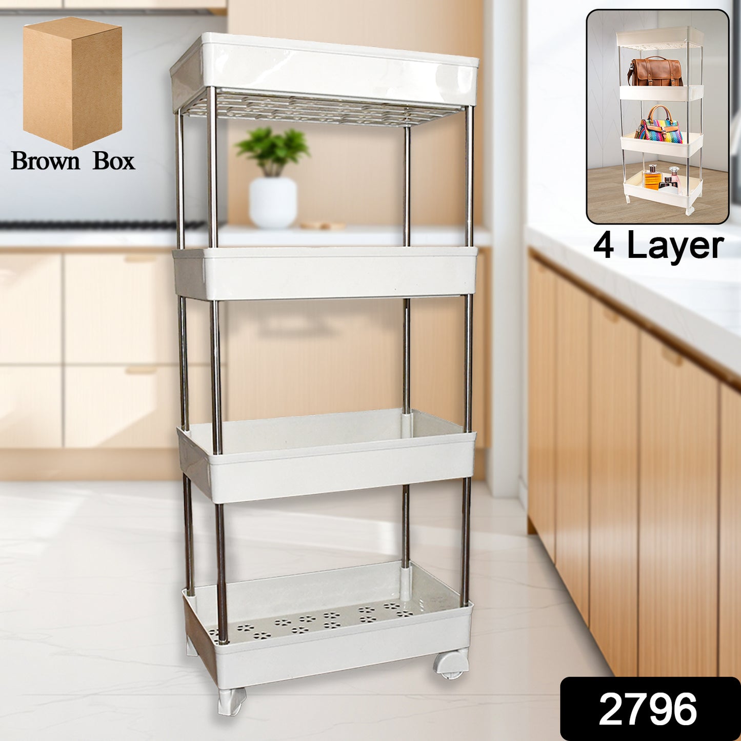 Wukusy 4-layer kitchen rack for organizing cookware, utensils, and kitchen essentials in a home and kitchen setting.