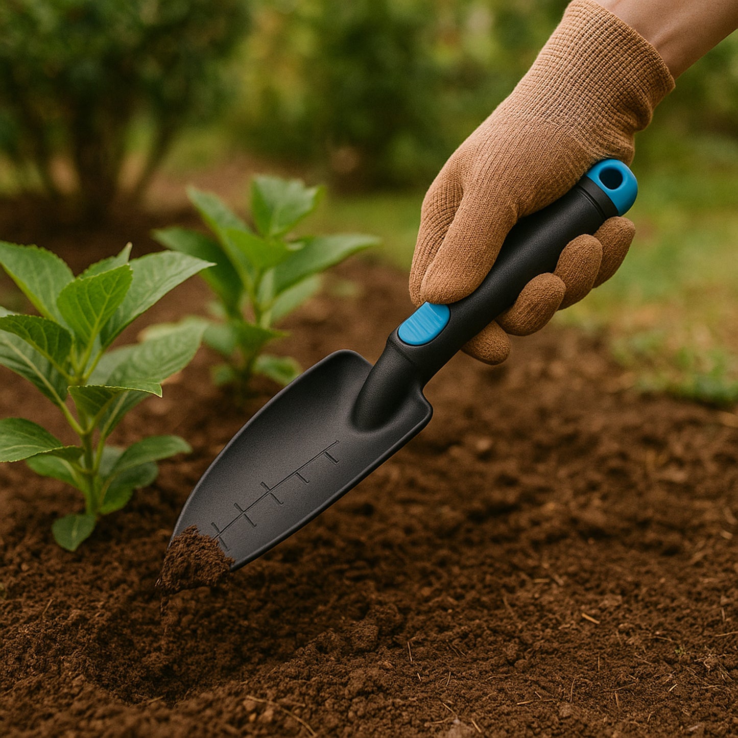 Wukusy plastic heavy-duty garden hand trowel with measurement marks, ideal for planting and gardening tasks.