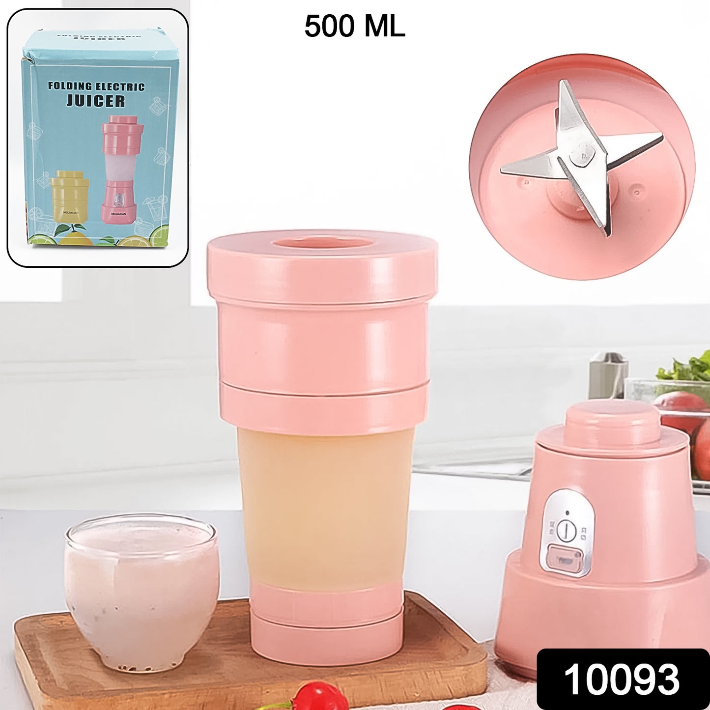 Wukusy foldable electric portable blender with stainless steel 6 blades and 500ml capacity, ideal for on-the-go smoothies and juices.