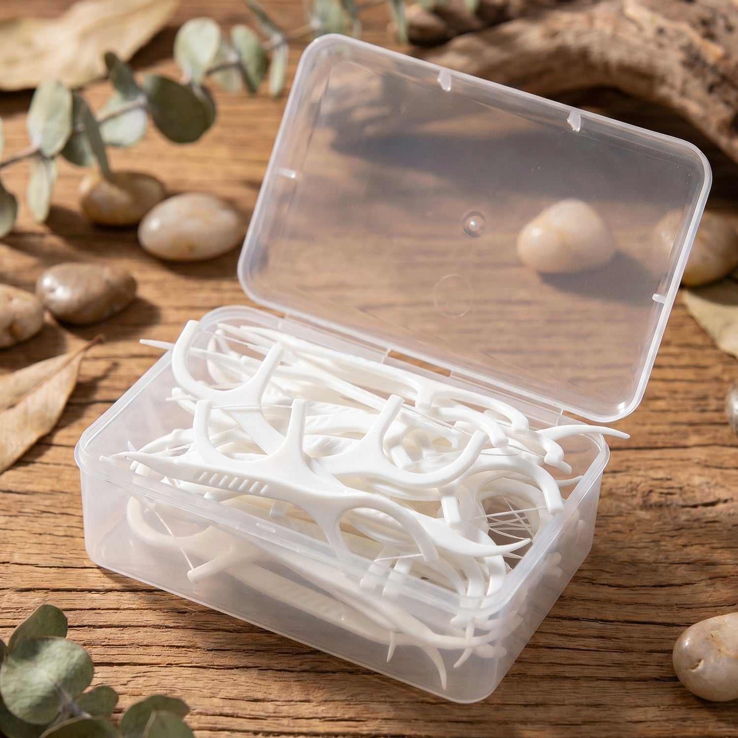 Wukusy 2-in-1 dental floss sticks set with box, showing compact flossers designed for teeth cleaning and oral hygiene.