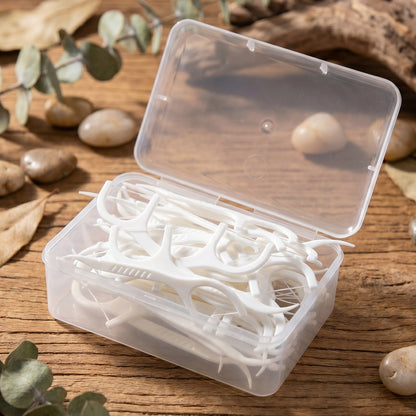 Wukusy 2-in-1 dental floss sticks set with box, showing compact flossers designed for teeth cleaning and oral hygiene.
