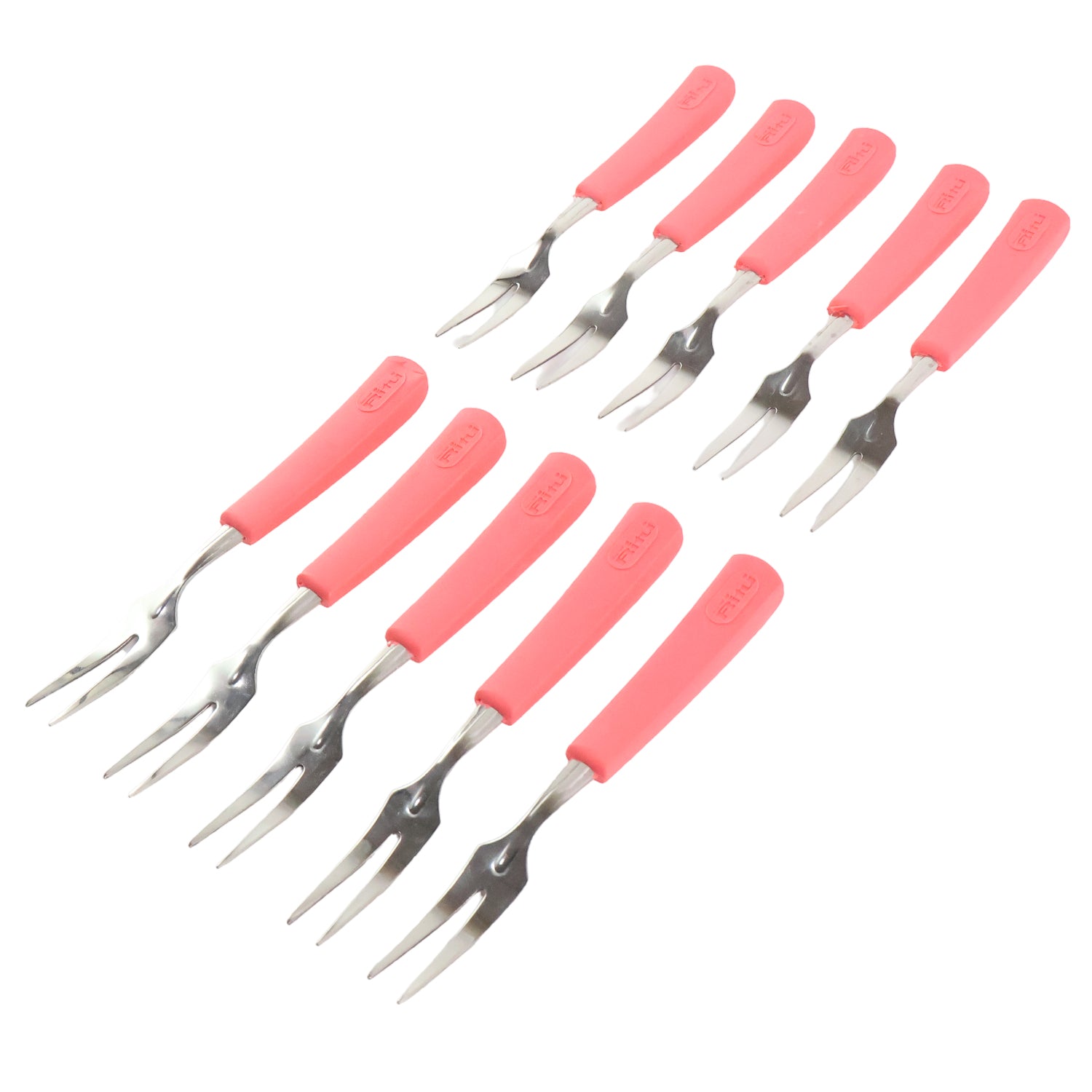 Wukusy premium stainless steel fruit fork set with 10 pieces and soft non-slip handles, ideal for home and kitchen use.