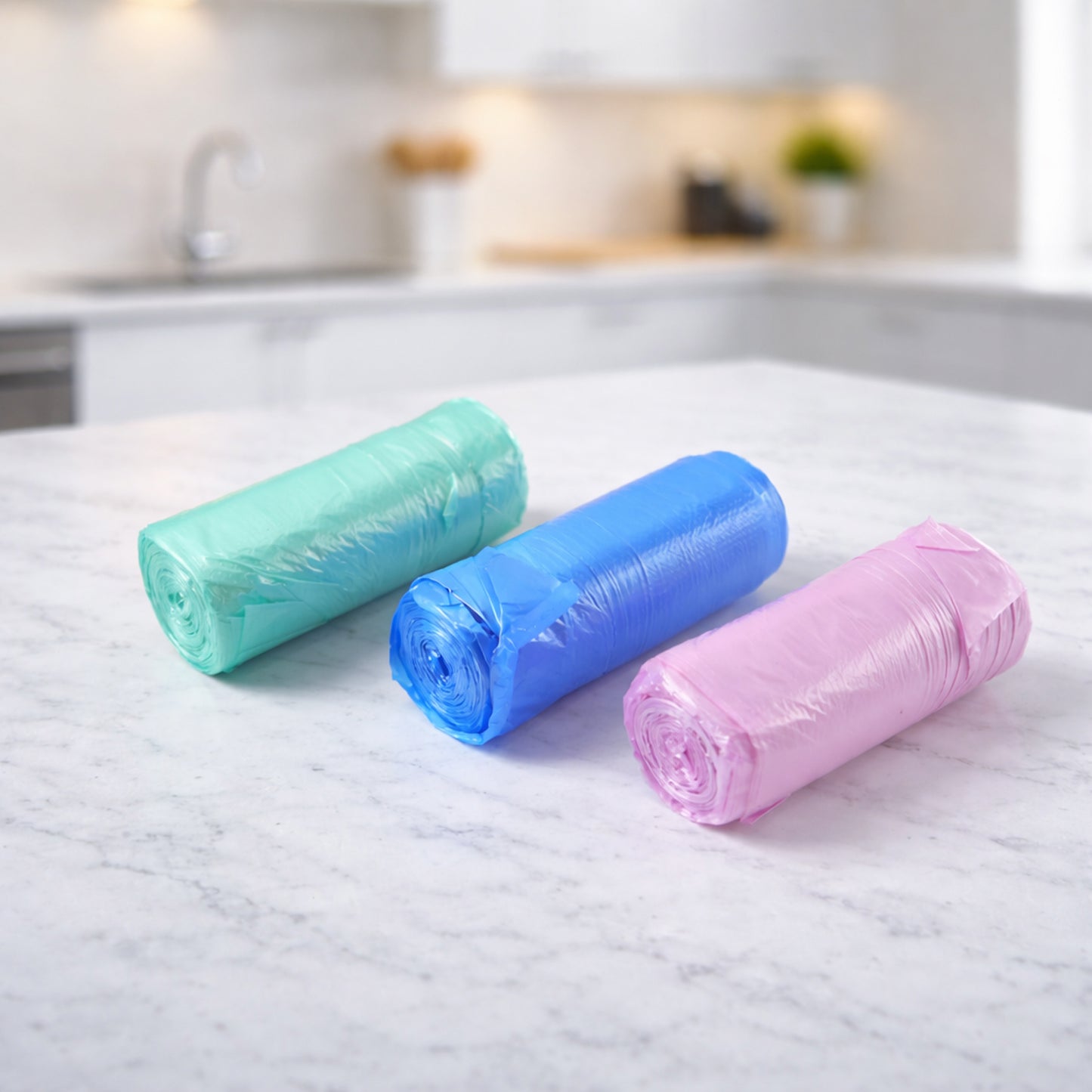 Wukusy heavy duty disposable garbage bags roll, 45x60 cm, three rolls with 90 trash bags, strong plastic for waste disposal.