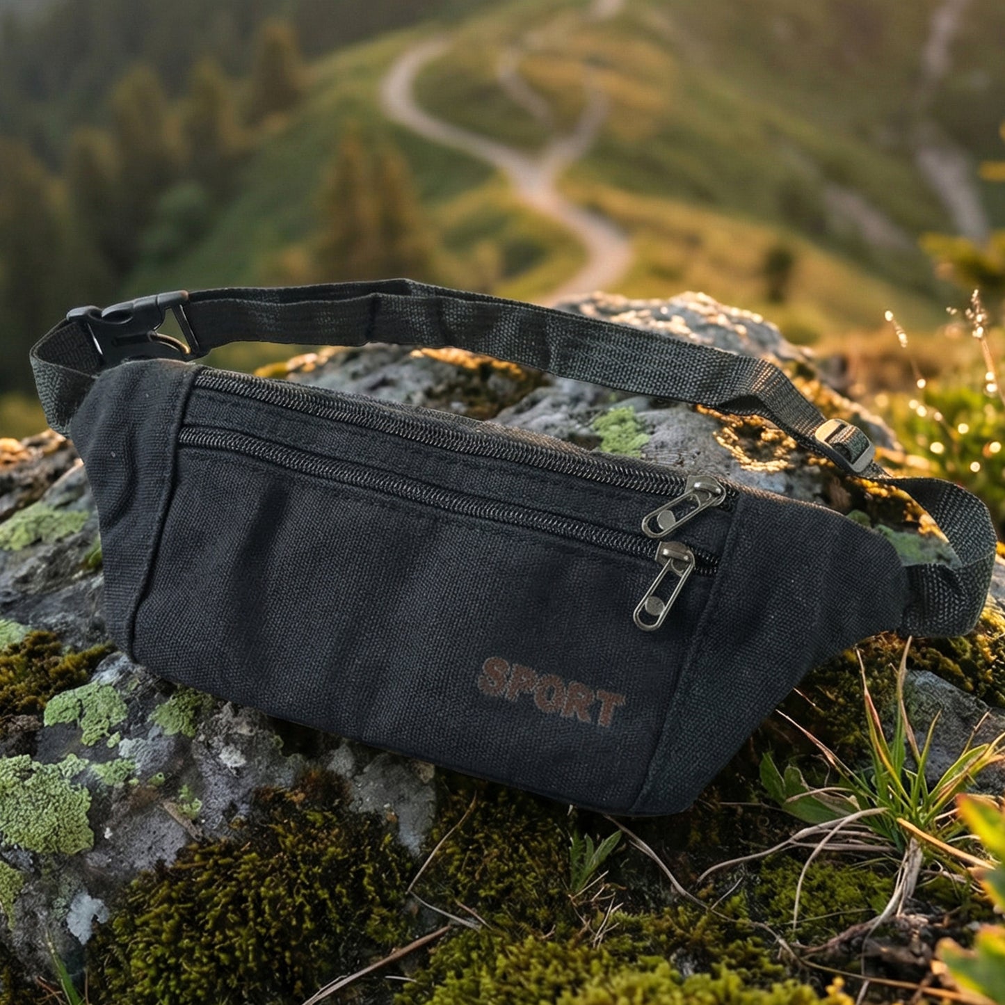 Black Wukusy sports waist bag with adjustable strap and zipper pocket, designed for active use and casual wear.