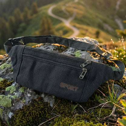 Black Wukusy sports waist bag with adjustable strap and zipper pocket, designed for active use and casual wear.