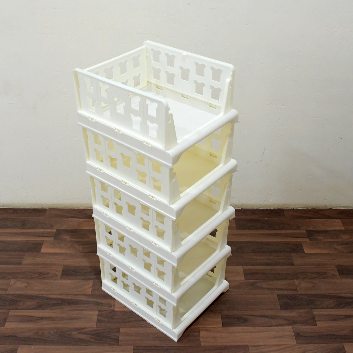 Wukusy 5-layer stackable storage cart with foldable drawers, ideal for clothes, pantry, or bathroom organization.