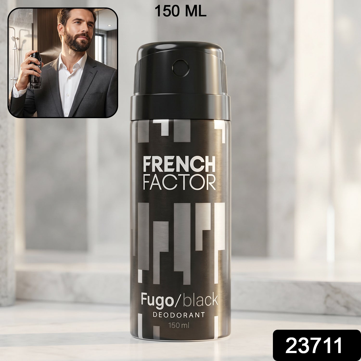 Wukusy French Factor Fugo Black deodorant body spray in 150 ml spray bottle with black and white packaging.