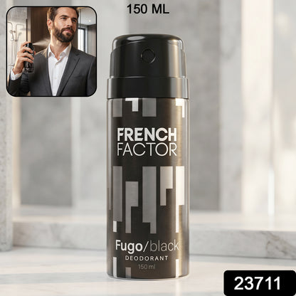 Wukusy French Factor Fugo Black deodorant body spray in 150 ml spray bottle with black and white packaging.