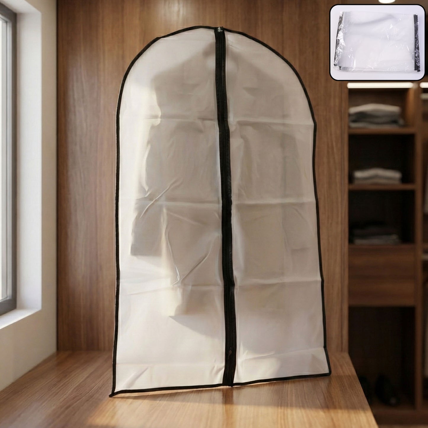 Clear Wukusy garment cover with front zipper, 100x60cm, protecting clothing while hanging or storing.