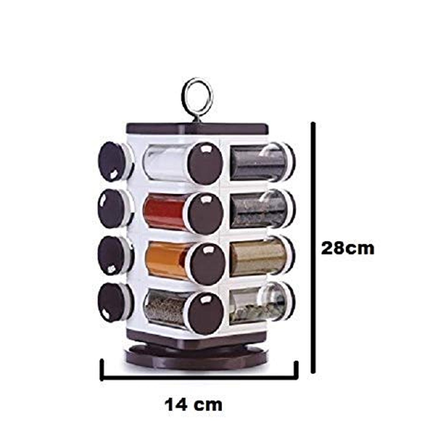 Wukusy Ganesh revolving spice rack with 16 plastic spice dispensers, each 100 ml, for kitchen storage and spice organization.