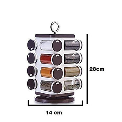 Wukusy Ganesh revolving spice rack with 16 plastic spice dispensers, each 100 ml, for kitchen storage and spice organization.