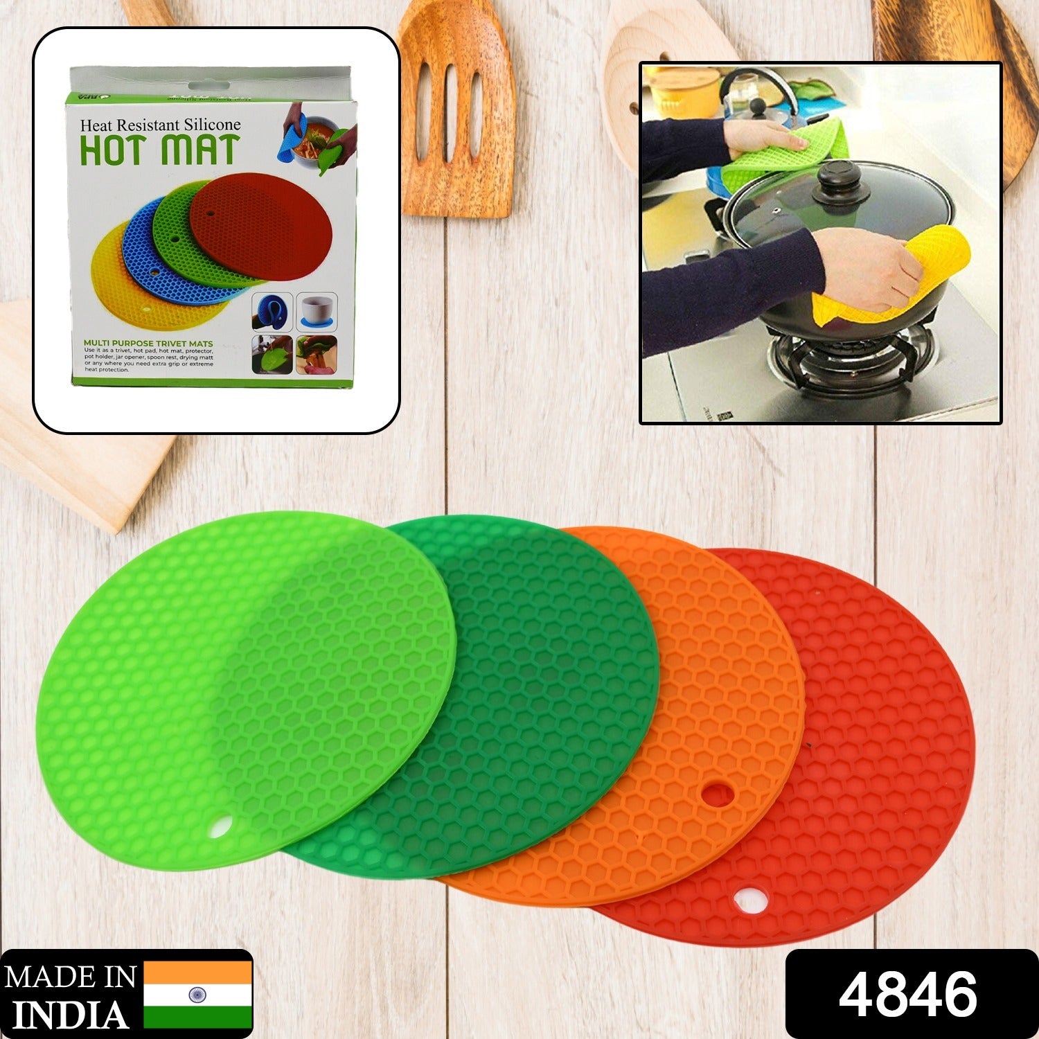 Wukusy 4-piece silicone hot mat set for protecting surfaces from hot vessels and utensils, flexible and heat-resistant.