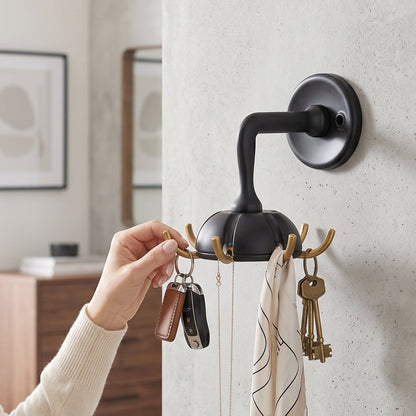 Wukusy heavy-duty wall-mounted multi hook with hooks for keys, bags, clothes, and jewelry on a plain wall.