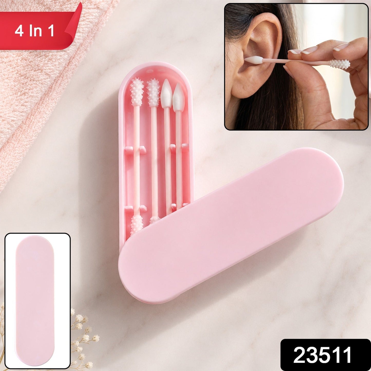 Wukusy 4-in-1 reusable silicone ear swab set with case, washable ear buds designed for safe ear cleaning and hygiene.