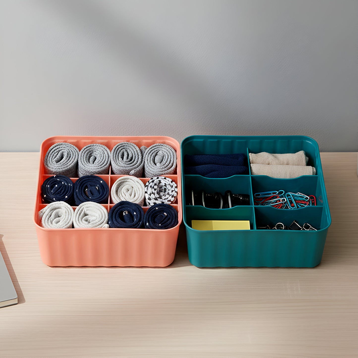 Set of two Wukusy square organizer boxes with six compartments each for home organization and storage.