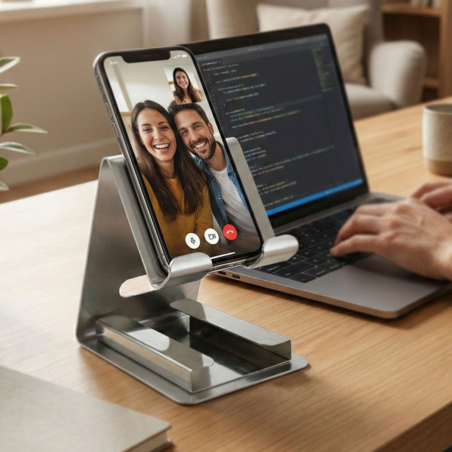 Wukusy premium desktop mobile phone stand holder for smartphones, black plastic, compact and adjustable design.