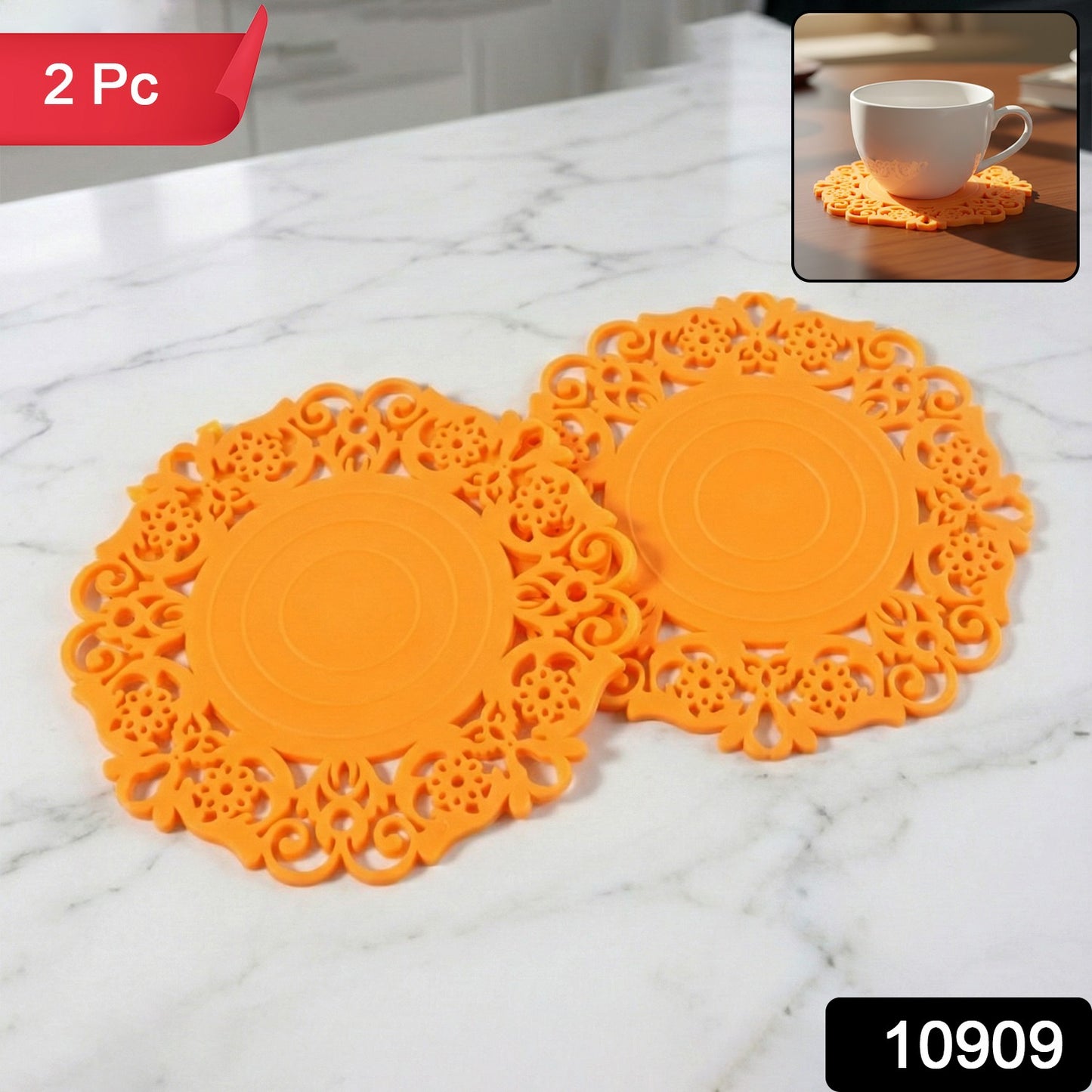 Wukusy heat-resistant decorative hot mat and cup coaster set with two 10 cm round mats, ideal for protecting surfaces from hot drinks