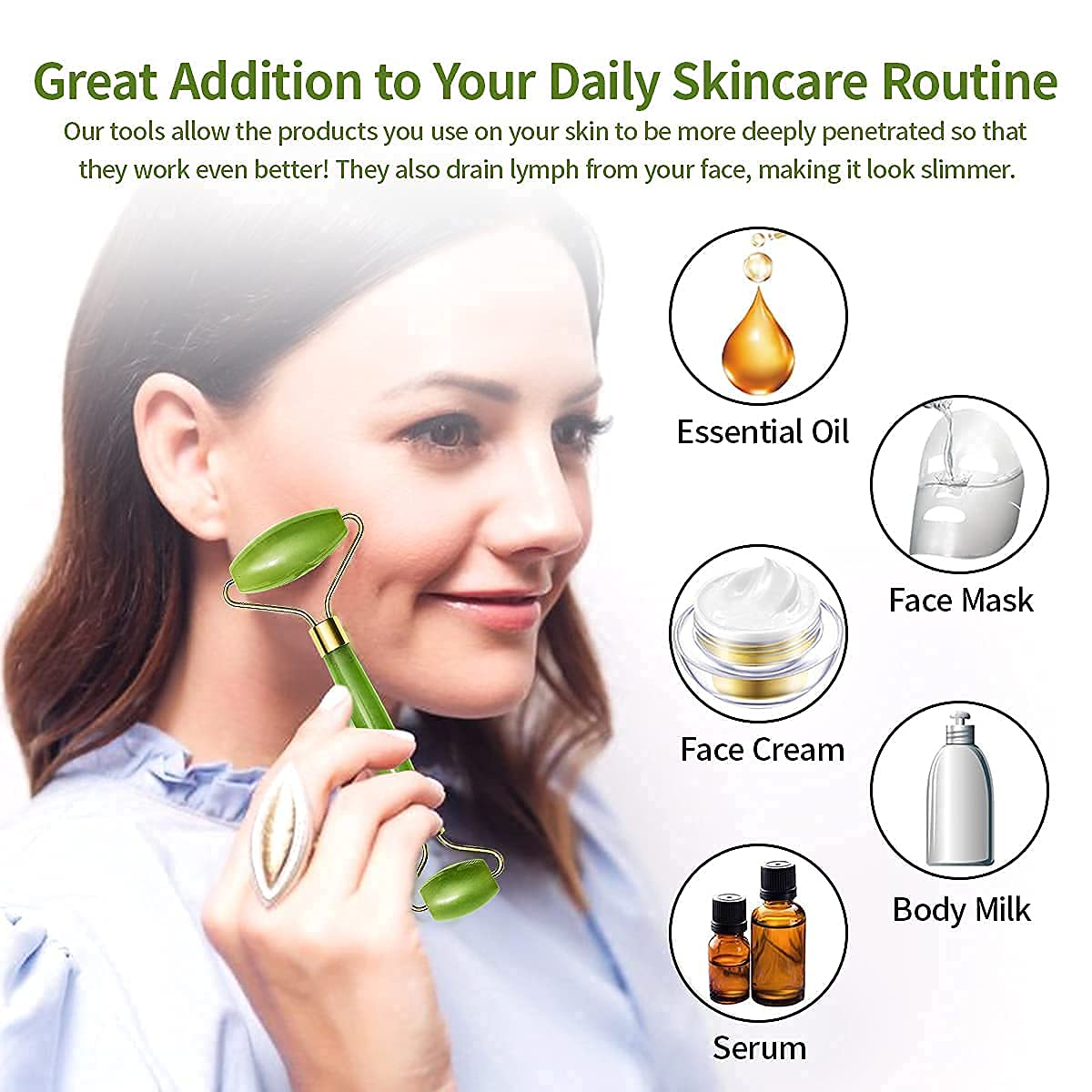 Wukusy Gua Sha stone and jade roller set for facial massage, natural skincare, promoting glowing skin and face shaping.