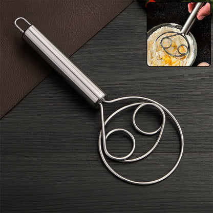 Stainless steel Danish dough whisk by Wukusy, large size, with a sturdy handle and wire loop for mixing dough in home baking.
