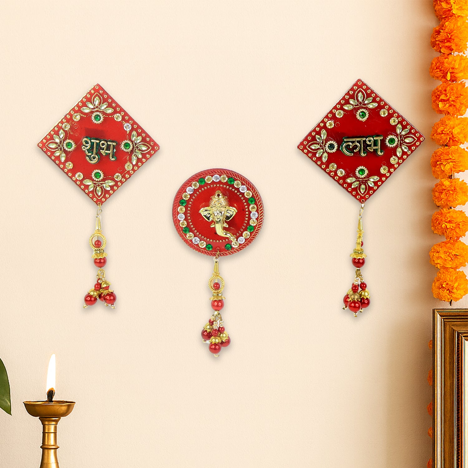 Decorative wall hanging set featuring Shubh Labh and Ganesh designs by Wukusy, ideal for home decor.