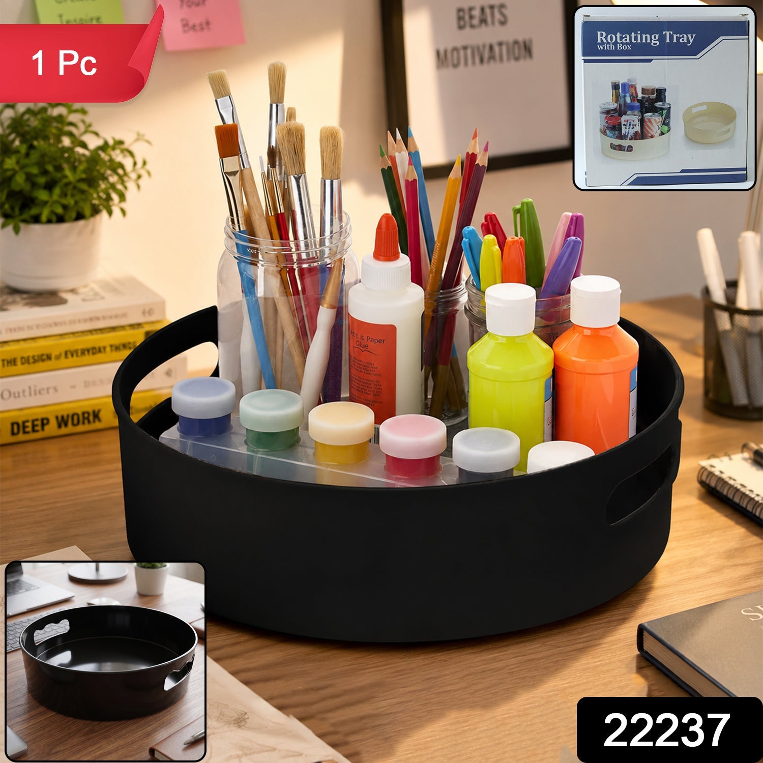 Wukusy rotating round storage tray organizer for kitchen, bathroom, or desk use, showing a sleek, multi-purpose design with compartments.