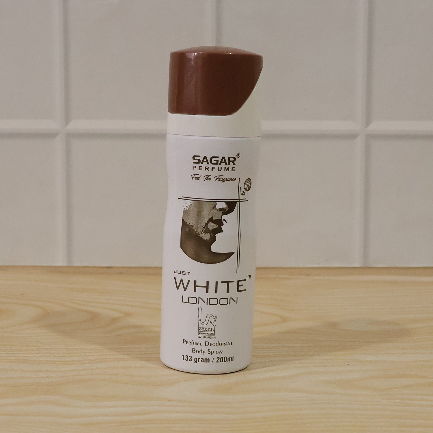 Wukusy Sagar Just White London perfume body spray deodorant for men, 200ml bottle with sleek white packaging and brand logo.