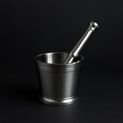 Heavy duty stainless steel mortar and pestle set for kitchen by Wukusy, showing a sturdy 2-piece Khalbatta set on a countertop.