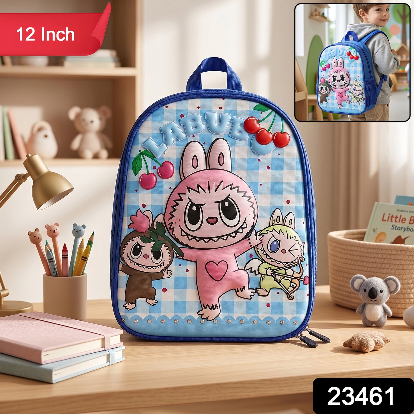 Colorful cartoon-printed Wukusy kids' school backpack with adjustable straps, 12-inch size for young students