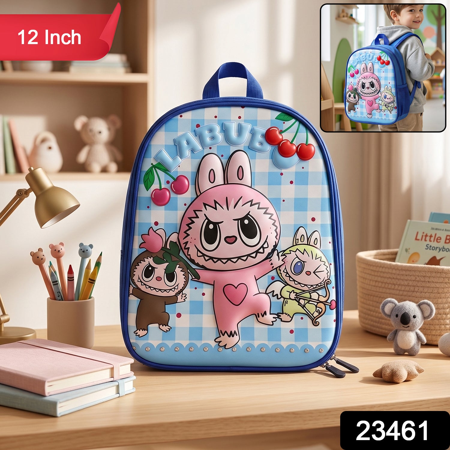 Colorful cartoon-printed Wukusy kids' school backpack with adjustable straps, 12-inch size for young students