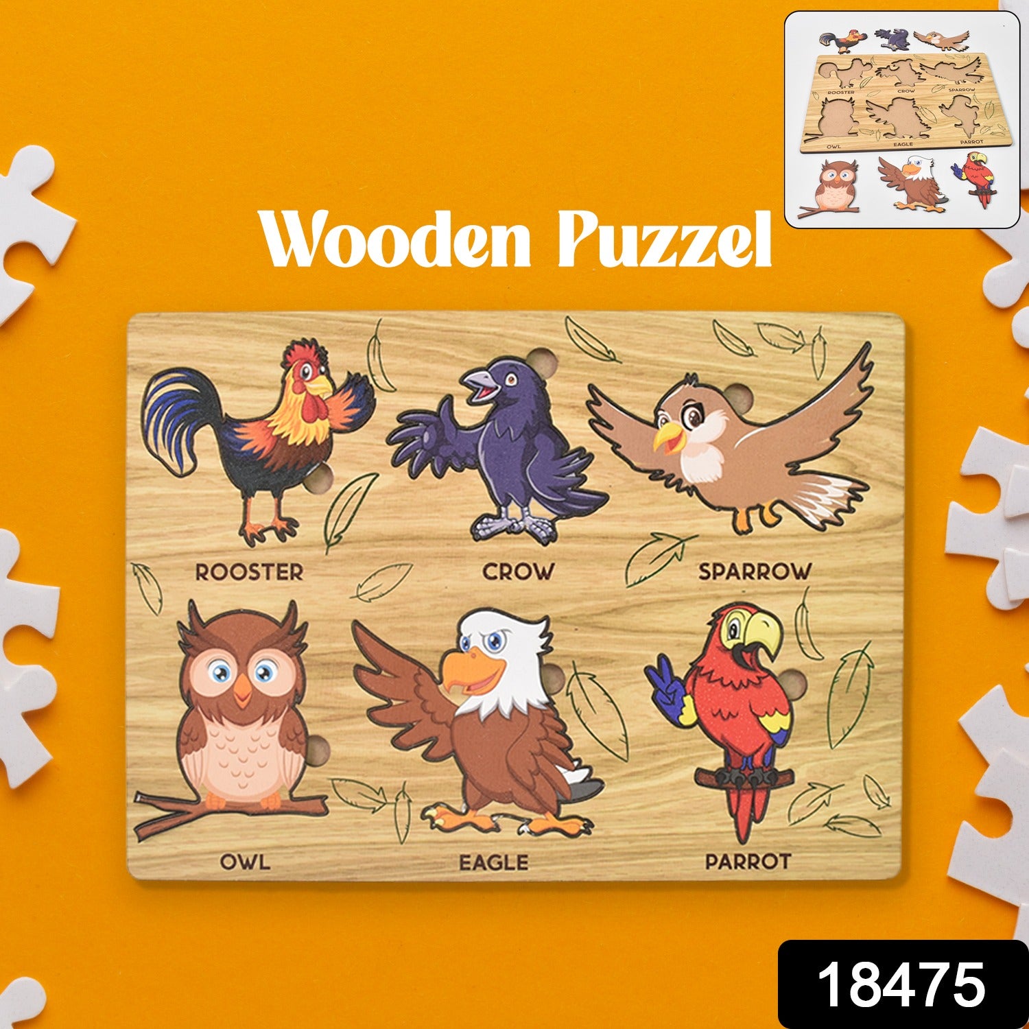 Wukusy Wooden Bird Puzzle Learning Educational Board with colorful bird shapes for kids' educational play and fine motor skills.