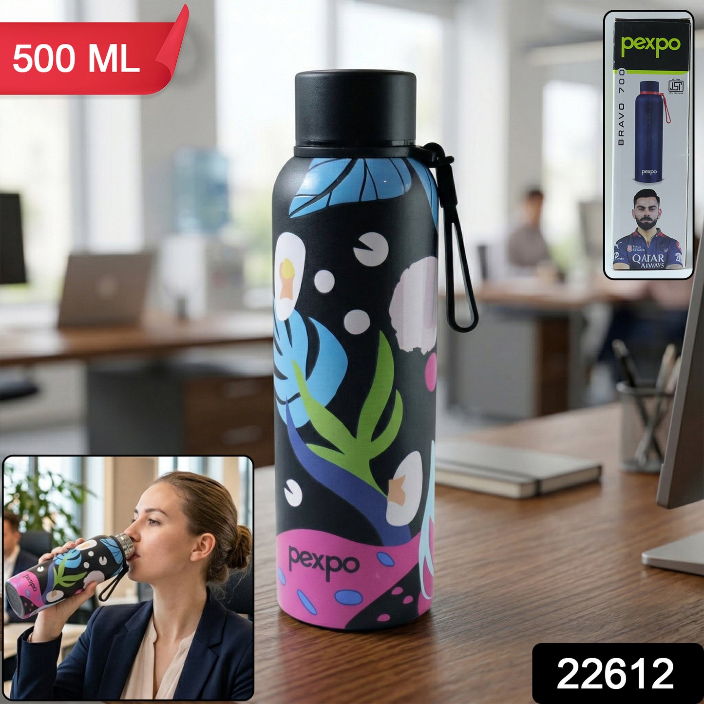 Wukusy Pexpo stainless steel printed water bottle, 800ml, with colorful design and screw-on lid, on a white background.