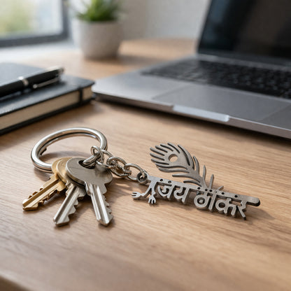 Wukusy premium metal Jay Thakar peepal leaf design keychain with intricate leaf pattern, showing detailed craftsmanship and shiny finish.