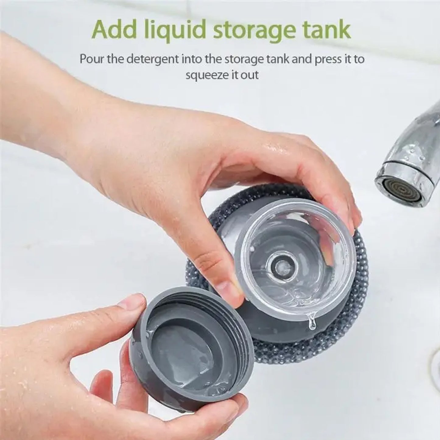 Wukusy 4921 soap dispensing palm dish brush with liquid soap dispenser for cleaning pots, utensils, and dishes.