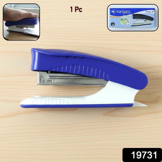 Wukusy Kangaro Trendy 10 manual stapler on a desk, ready for stapling paper with a sleek black and silver design.